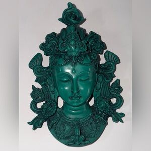 Tibetan Buddhist Deity Tara Wall Hanging Mask Resin Green Statue 8.5”x5.5” EUC